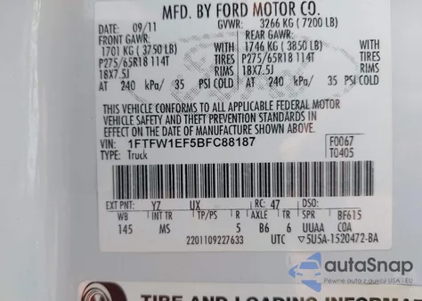 2011 Ford F-150 Xlt из США, поврежденный, VIN 1FTFW1EF5BFC88187